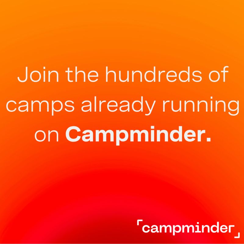 Campminder ad with a type-only headline about hundreds of camps on an orange gradient and the logo