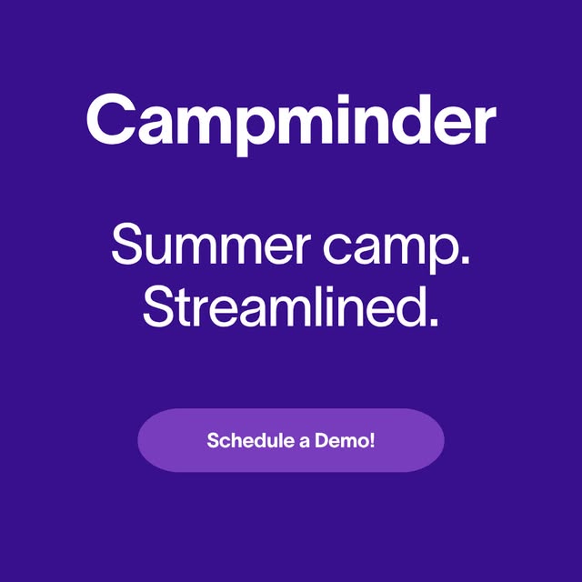 Campminder post with the headline Summer camp. Streamlined. on purple and a Schedule a Demo button