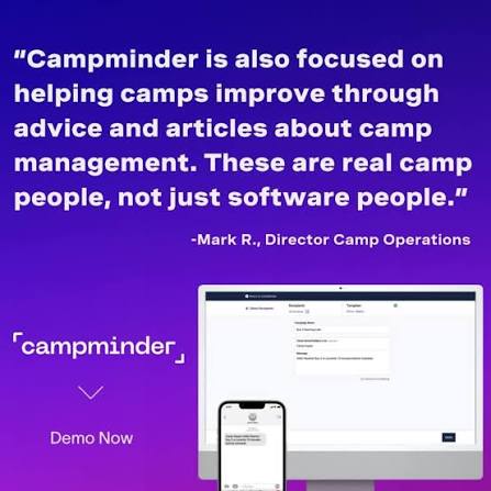 Campminder ad with a customer quote on a purple gradient, a product screenshot, and a Demo Now prompt
