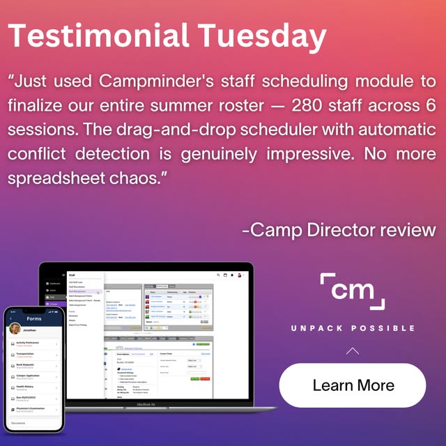 Campminder post headed Testimonial Tuesday with a camp director quote, product screenshots, and a Learn More button