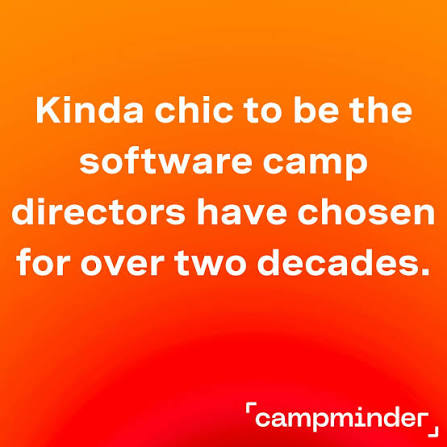 Campminder ad with a type-only headline on an orange gradient and the logo