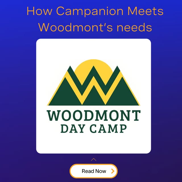 Campminder post with a Woodmont Day Camp case study headline, the camp logo, and a Read Now button
