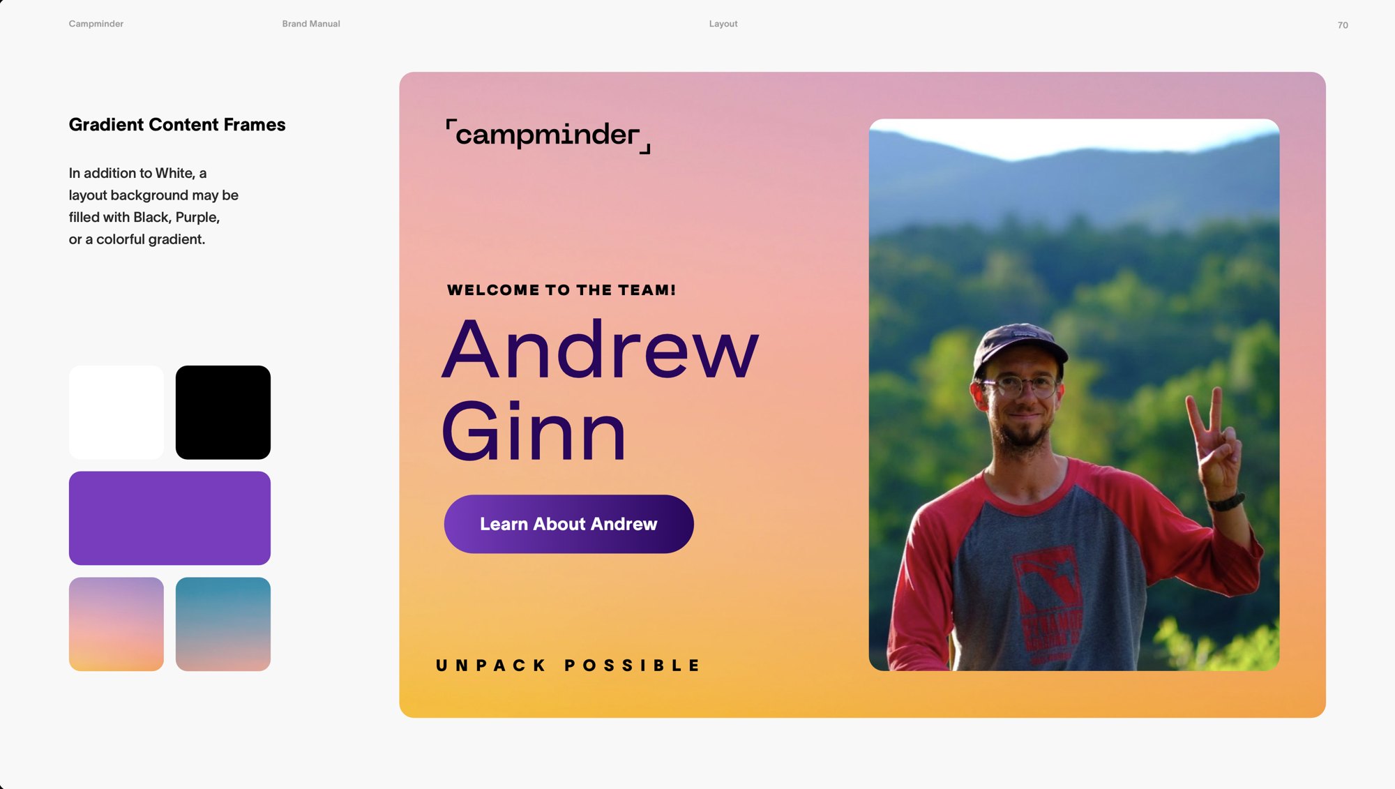 Campminder brand manual layout page showing gradient content frames with the logo, a headline, a purple button, and the Unpack Possible tagline