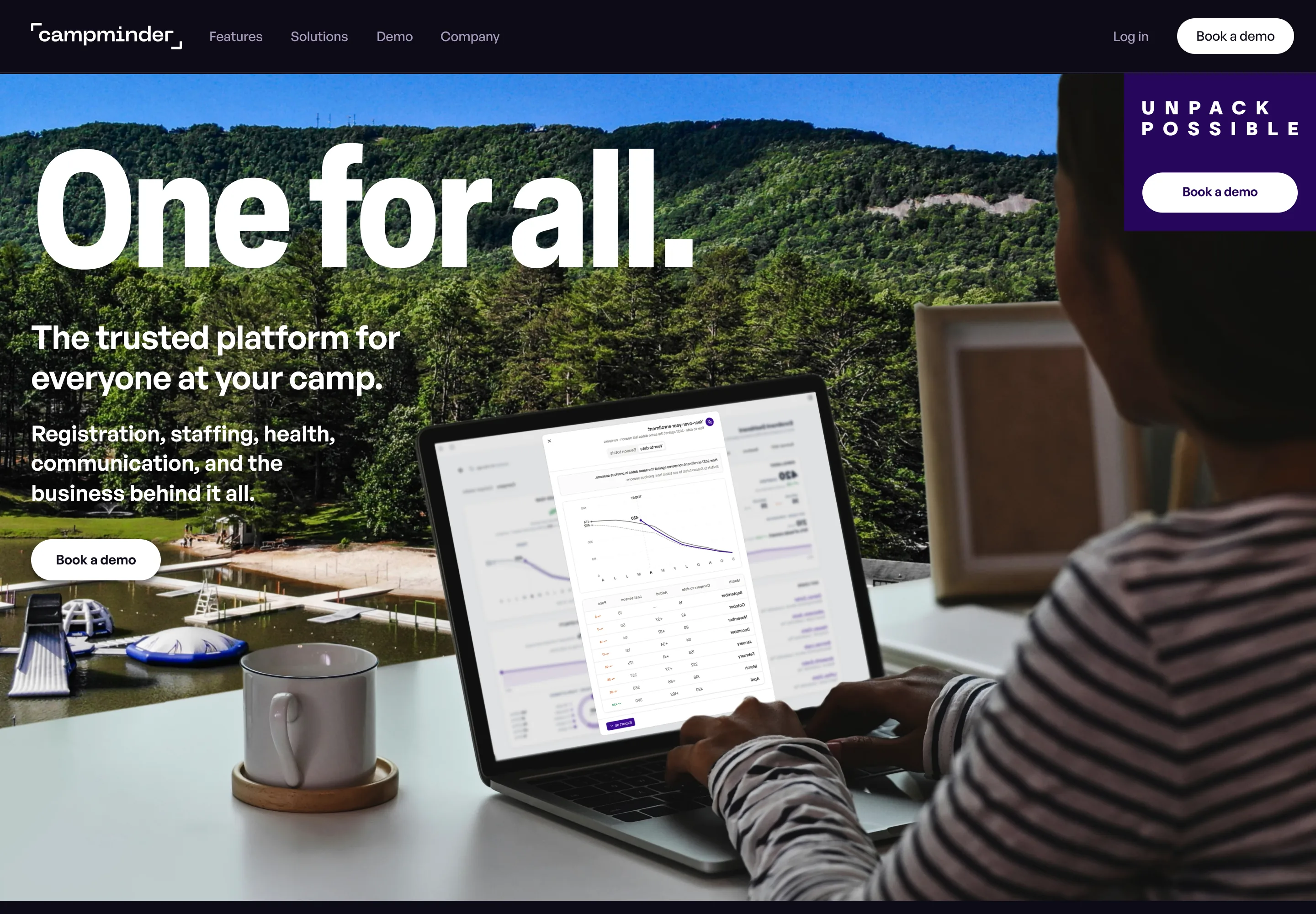 Campminder homepage. One for all. The trusted platform for everyone at your camp.